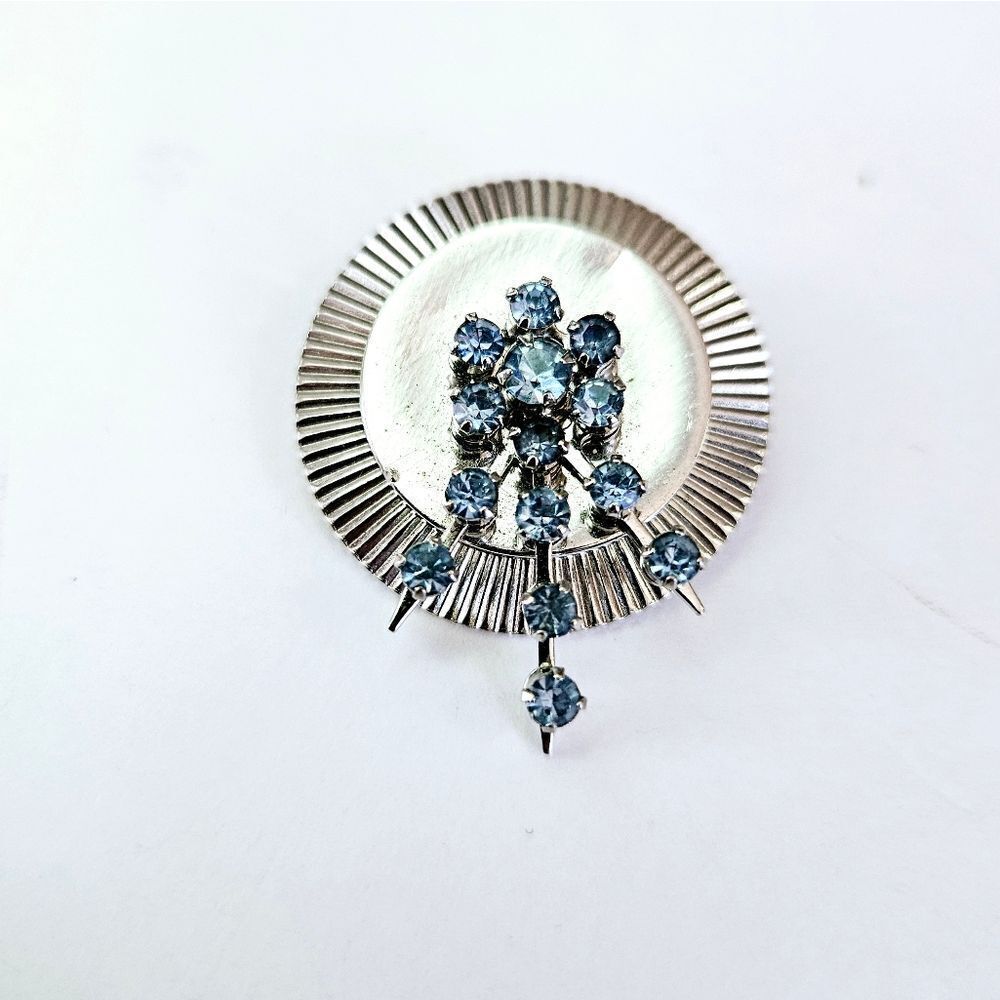 Vintage Circular Light Blue Rhinestone Silver Tone Textured Shield Brooch Pin